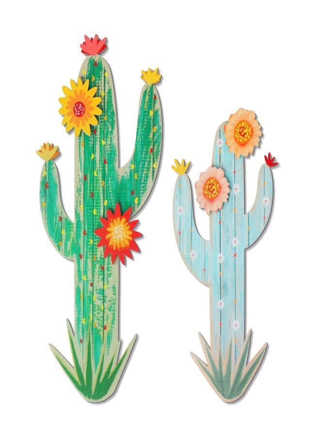 KOYILTD 2 Pcs Cactus Wall Art Wooden Southwestern Decor Western Bathroom Decoration Vivid Cactus Wall Decor for Home Bathroom Bedroom Livingroom Nursery (Vivid, Medium) - Image 1